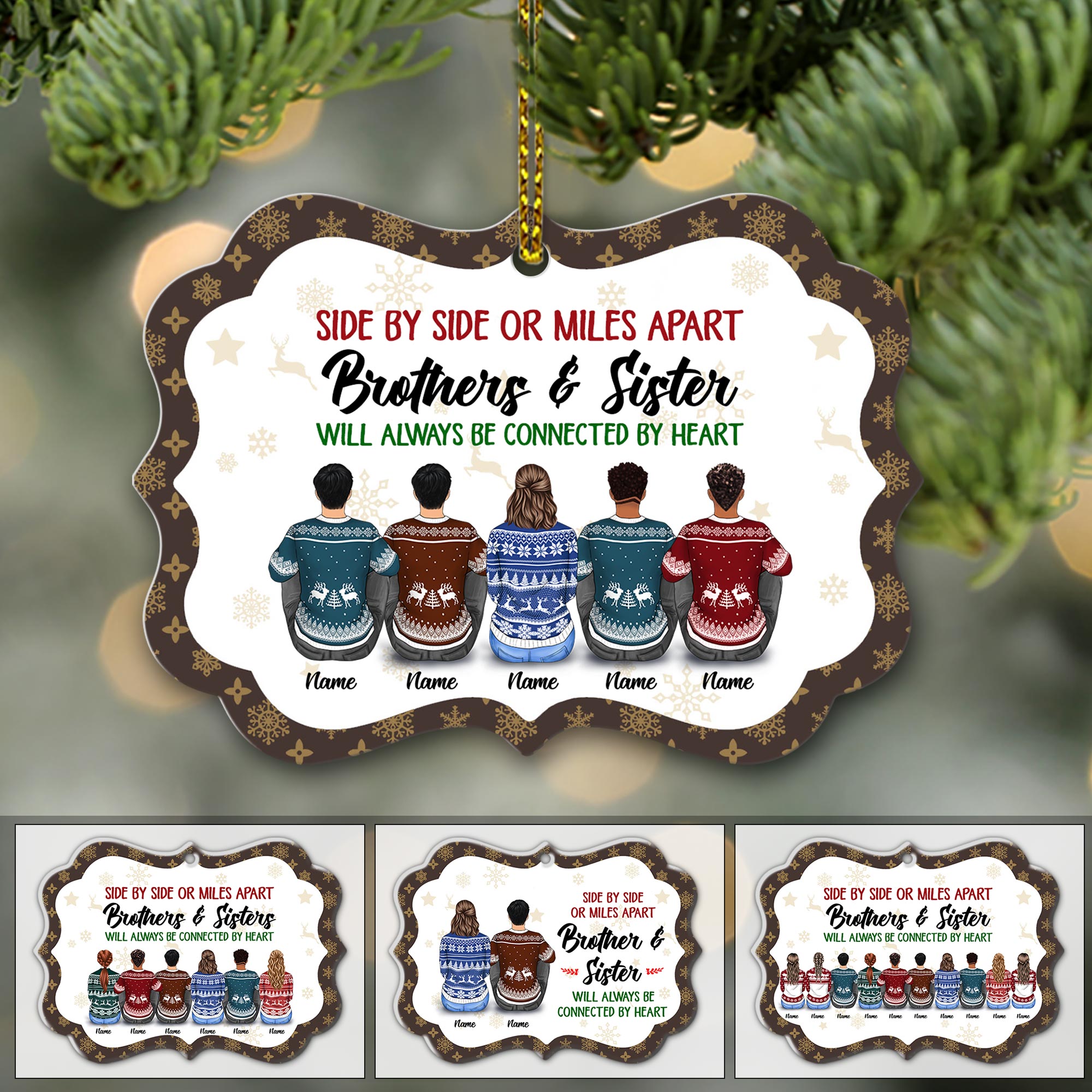 Sisters And Brothers Connected By Heart, Snow Pattern Version, Personalized Aluminum Ornament