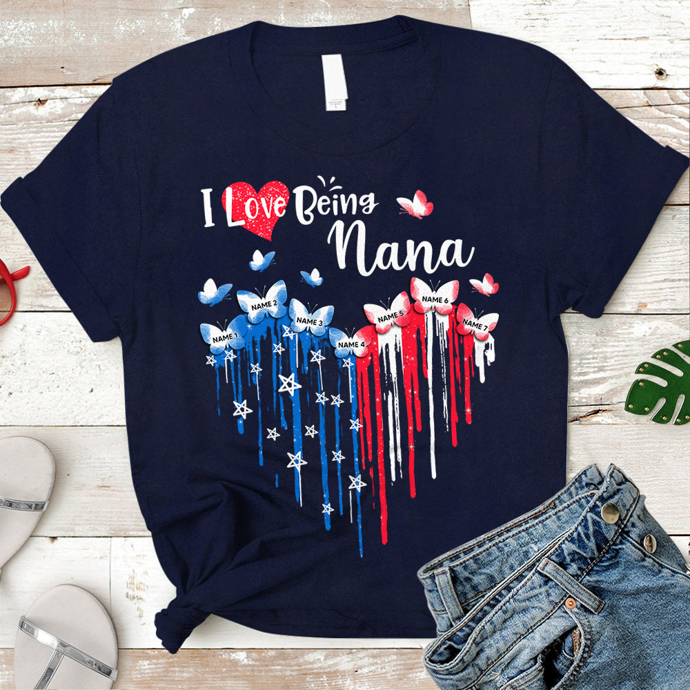 I Love Being Nana Patriotic Heart Personalized Shirt For Grandma