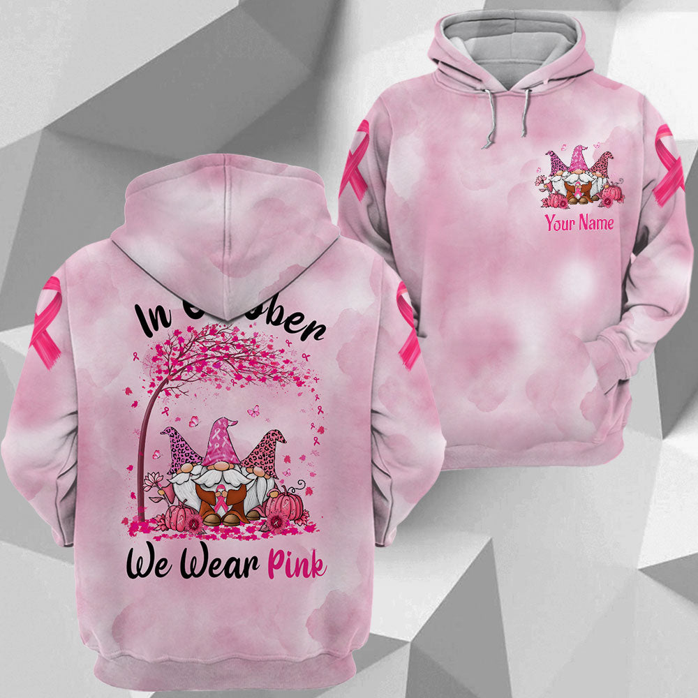 In October We Wear Pink, All Over Print Shirts For Breast Cancer Family Member, Leopard Print Gnomes, Name Can Be Changed