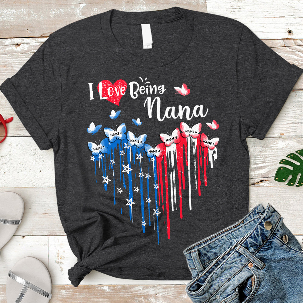 I Love Being Nana Patriotic Heart Personalized Shirt For Grandma