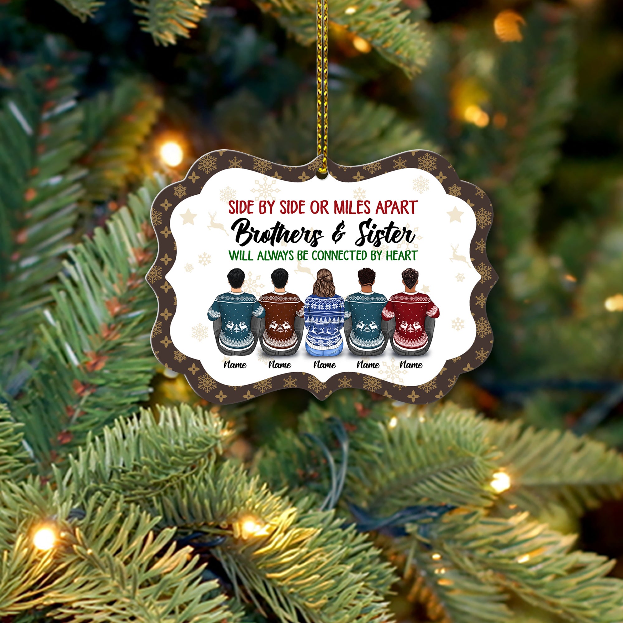 Sisters And Brothers Connected By Heart, Snow Pattern Version, Personalized Aluminum Ornament