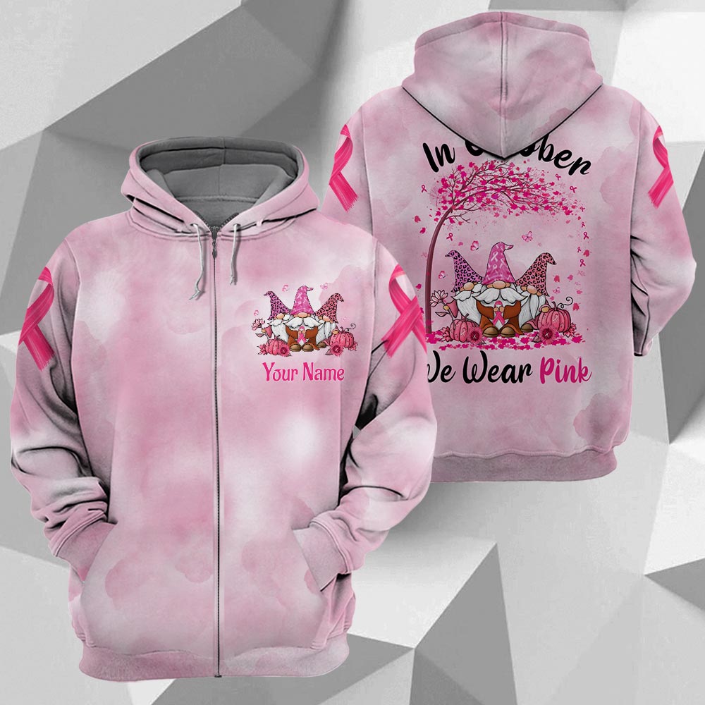 In October We Wear Pink, All Over Print Shirts For Breast Cancer Family Member, Leopard Print Gnomes, Name Can Be Changed