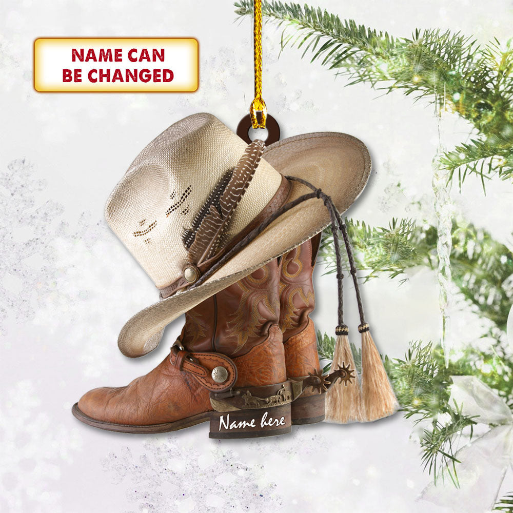Cowboy Boots and Hat, Personalized Acrylic Ornament Ver2 Printed Two Sides With The Same Design For Cowboy, Name can be changed