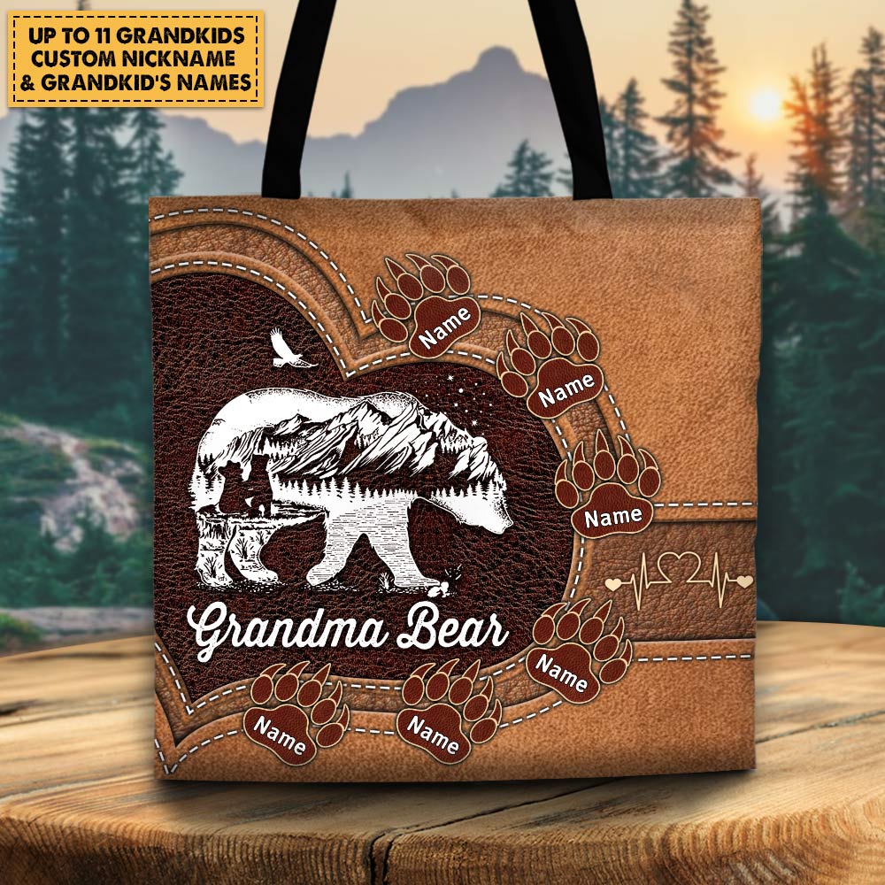 Nana Bear With Paw Prints Personalized Printed Leather Pattern Tote Bag For Grandma
