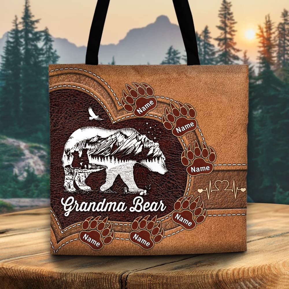 Nana Bear With Paw Prints Personalized Printed Leather Pattern Tote Bag For Grandma
