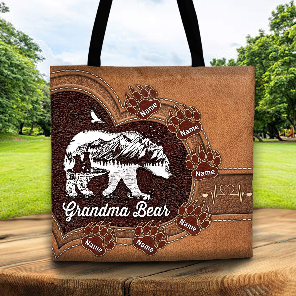 Nana Bear With Paw Prints Personalized Printed Leather Pattern Tote Bag For Grandma
