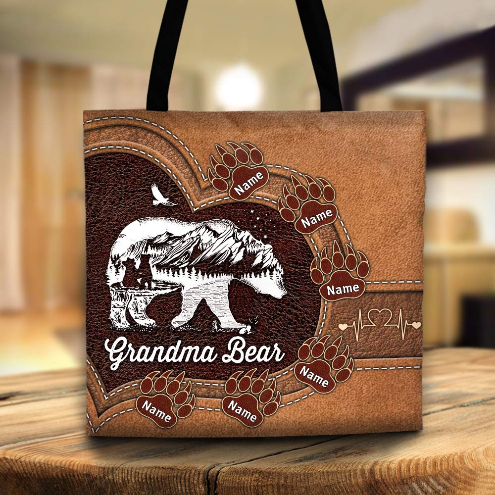 Nana Bear With Paw Prints Personalized Printed Leather Pattern Tote Bag For Grandma