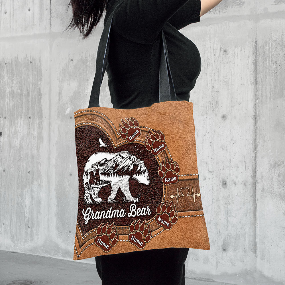 Nana Bear With Paw Prints Personalized Printed Leather Pattern Tote Bag For Grandma