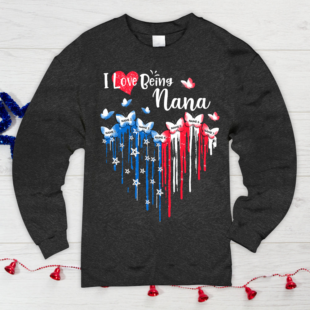 I Love Being Nana Patriotic Heart Personalized Shirt For Grandma