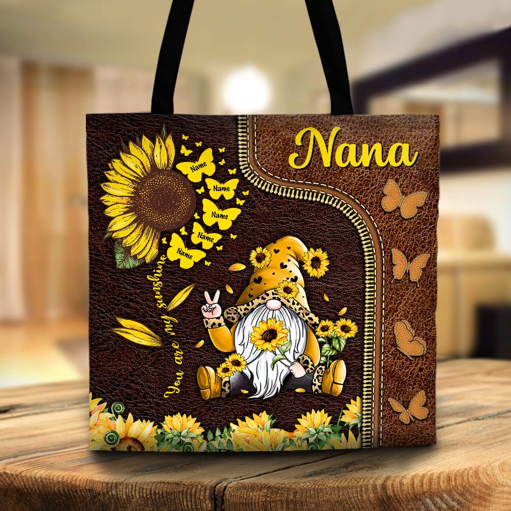 Grandkids Are My Sunshine Gnomes Sunflower With Butterflies Printed Personalized Tote Bag For Grandma