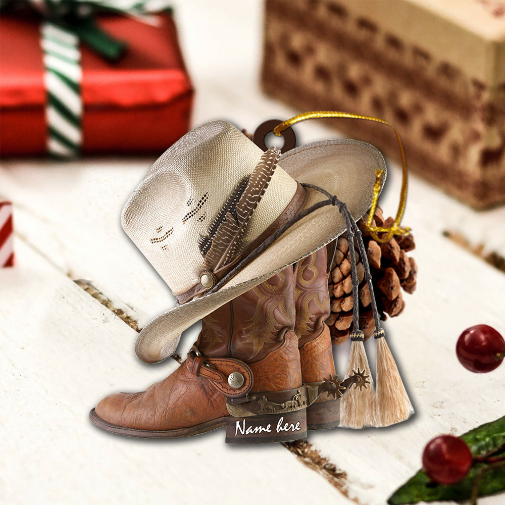 Cowboy Boots and Hat, Personalized Acrylic Ornament Ver2 Printed Two Sides With The Same Design For Cowboy, Name can be changed