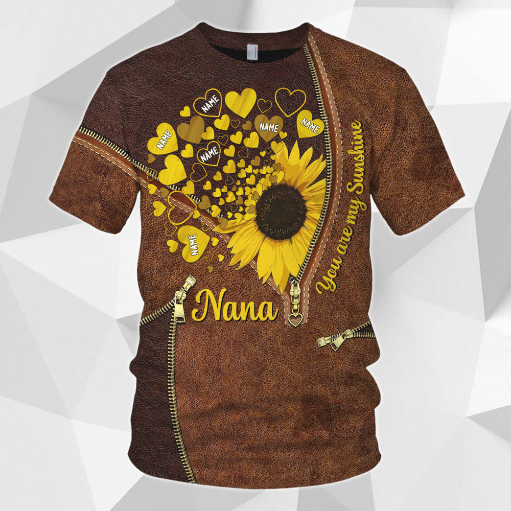 Grandkids Are My Sunshine Sunflower With Hearts Personalized All Over Print Shirt, 3D Shirt For Grandma