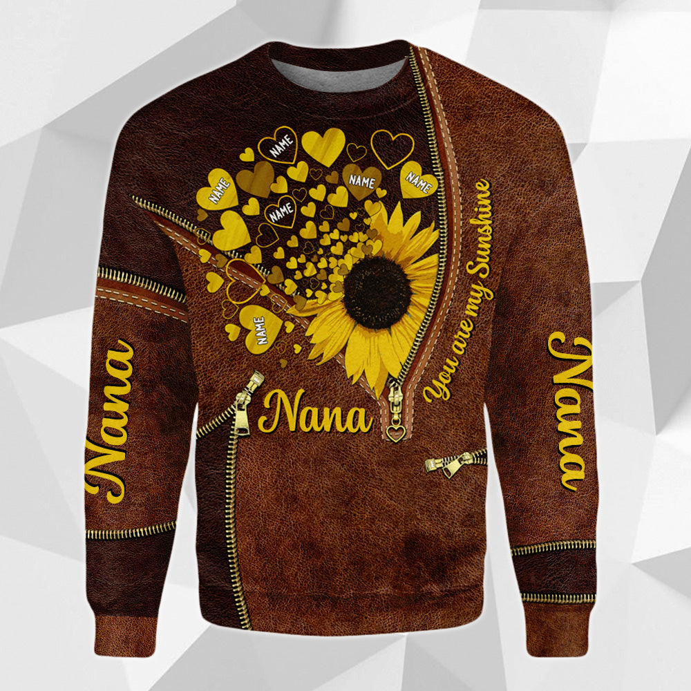 Grandkids Are My Sunshine Sunflower With Hearts Personalized All Over Print Shirt, 3D Shirt For Grandma