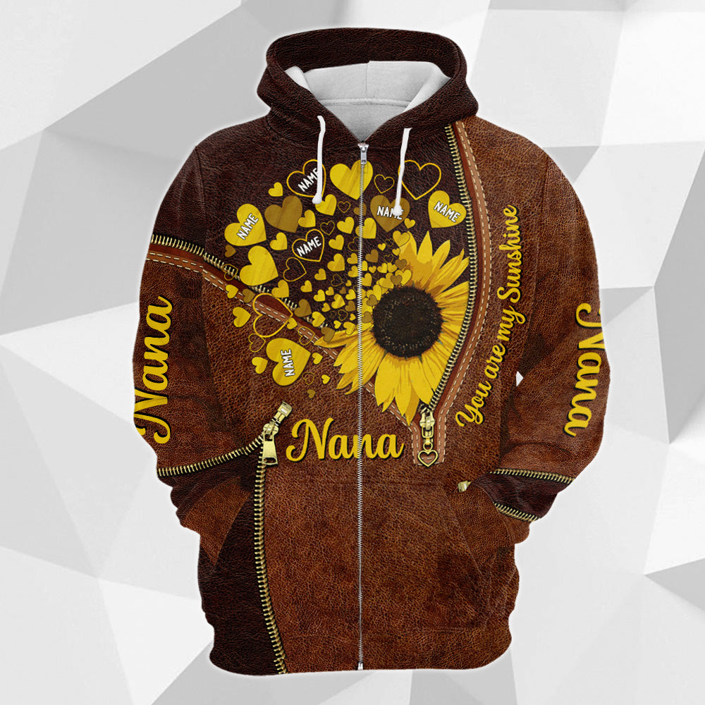 Grandkids Are My Sunshine Sunflower With Hearts Personalized All Over Print Shirt, 3D Shirt For Grandma