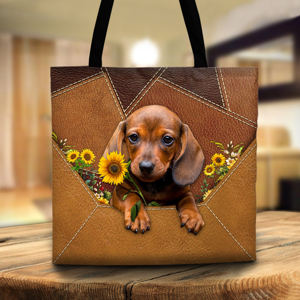 Dachshund Holding Sunflower, Tote Bag Printed Leather Pattern For Dog Mom