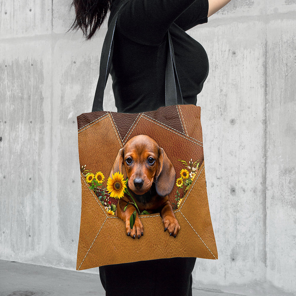 Dachshund Holding Sunflower, Tote Bag Printed Leather Pattern For Dog Mom