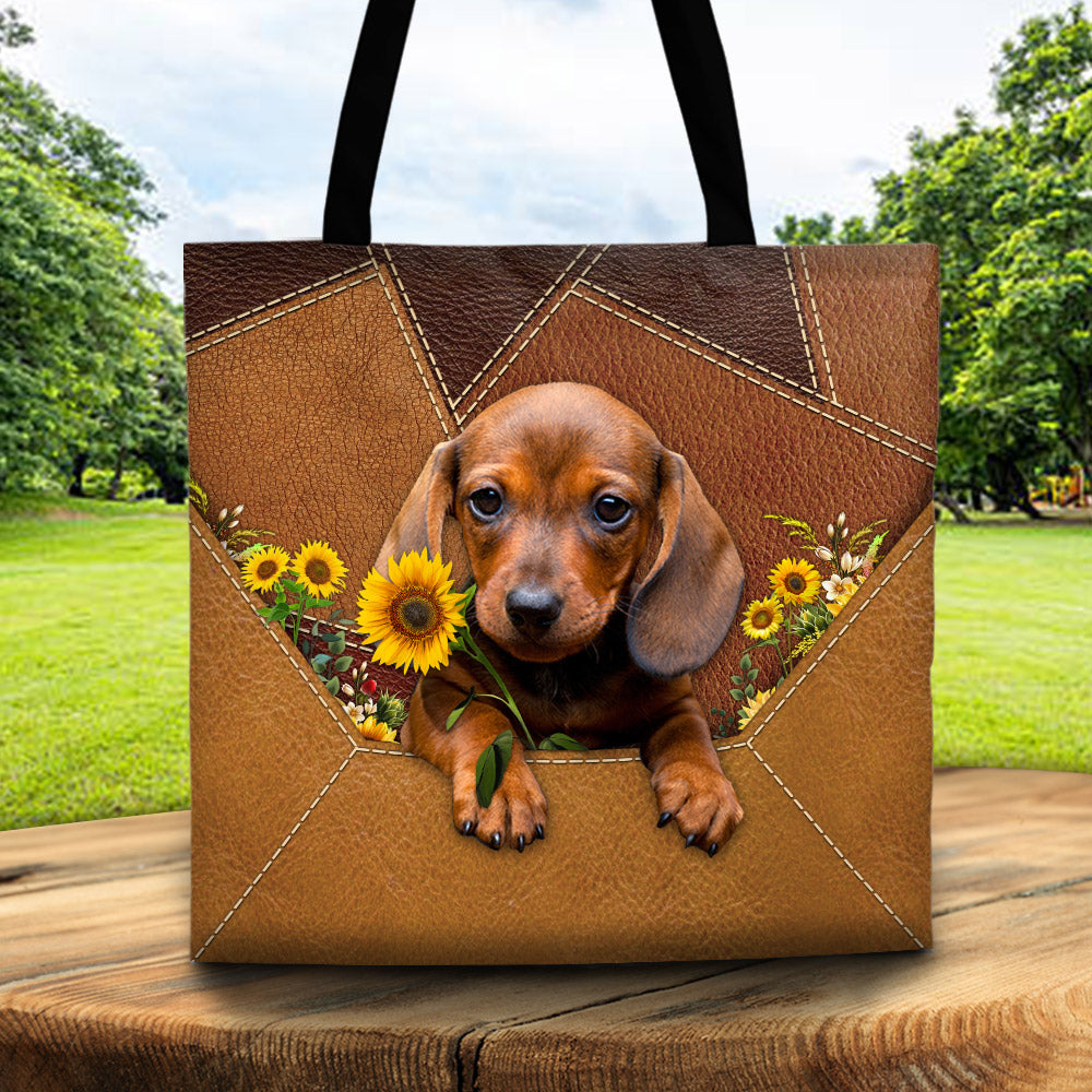 Dachshund Holding Sunflower, Tote Bag Printed Leather Pattern For Dog Mom