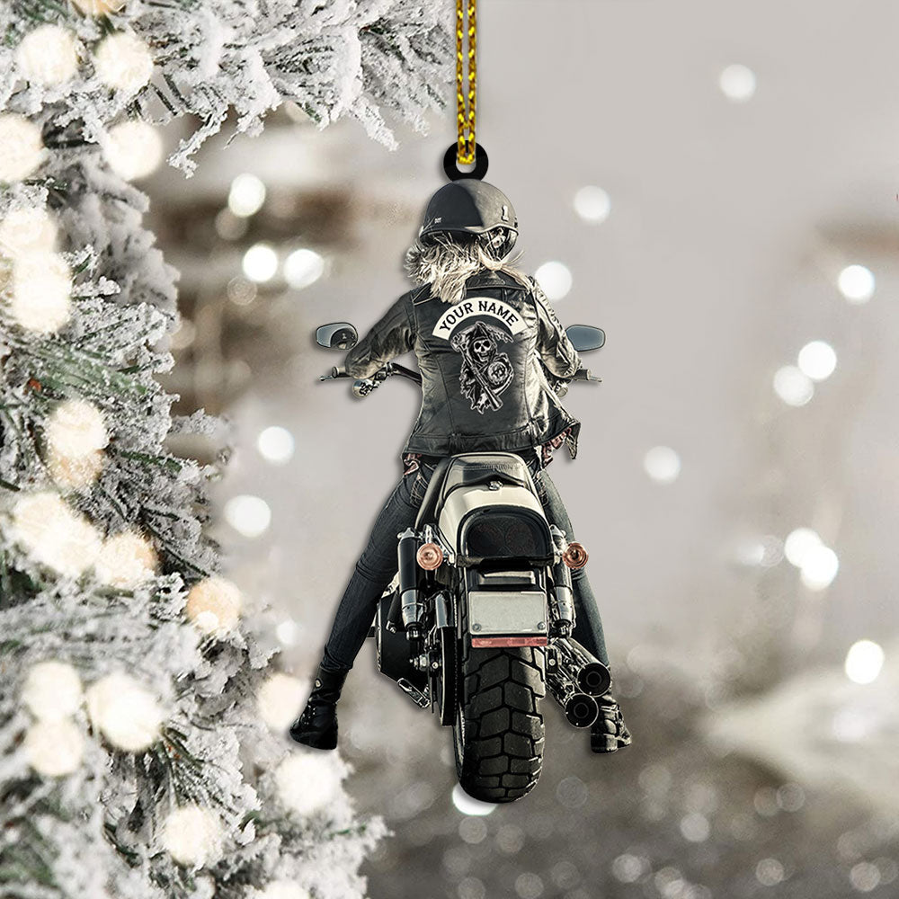 Lady Biker Back View Personalized Shape Acrylic Ornament 2 Sides Print, Made By Acrylic And The 2 Sides Are The Same
