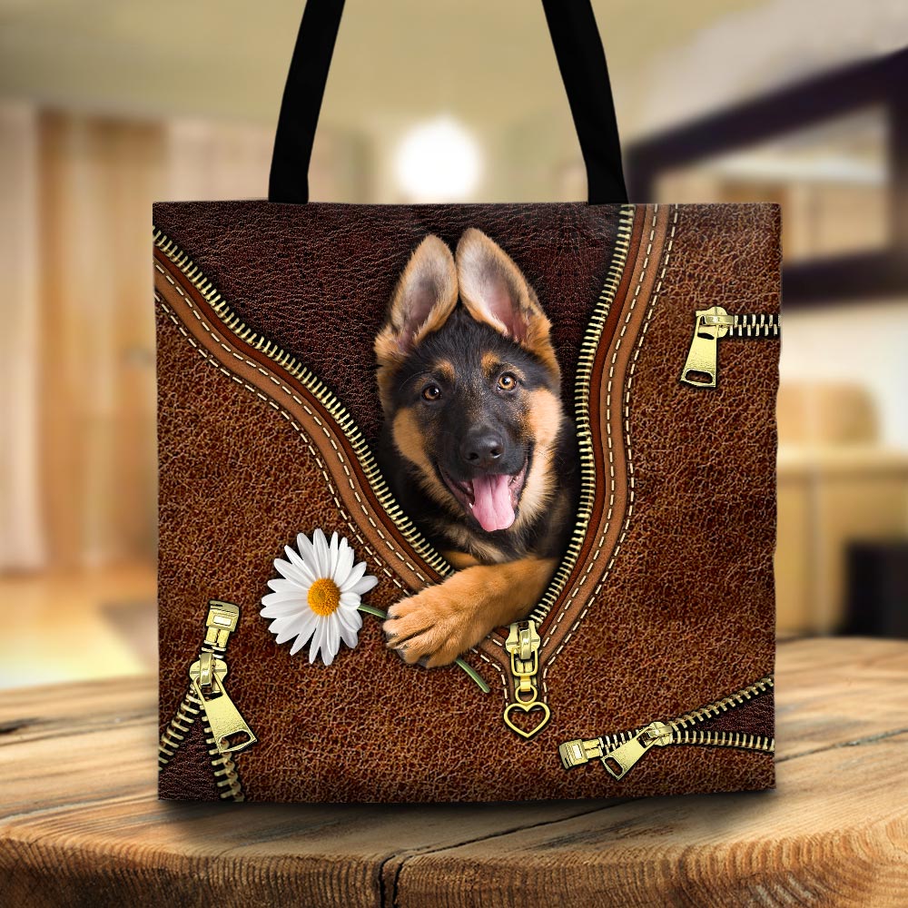 German Shepherd Holding Daisy, Printed Leather Pattern, Tote Bag For Dog Mom, Dog Lovers