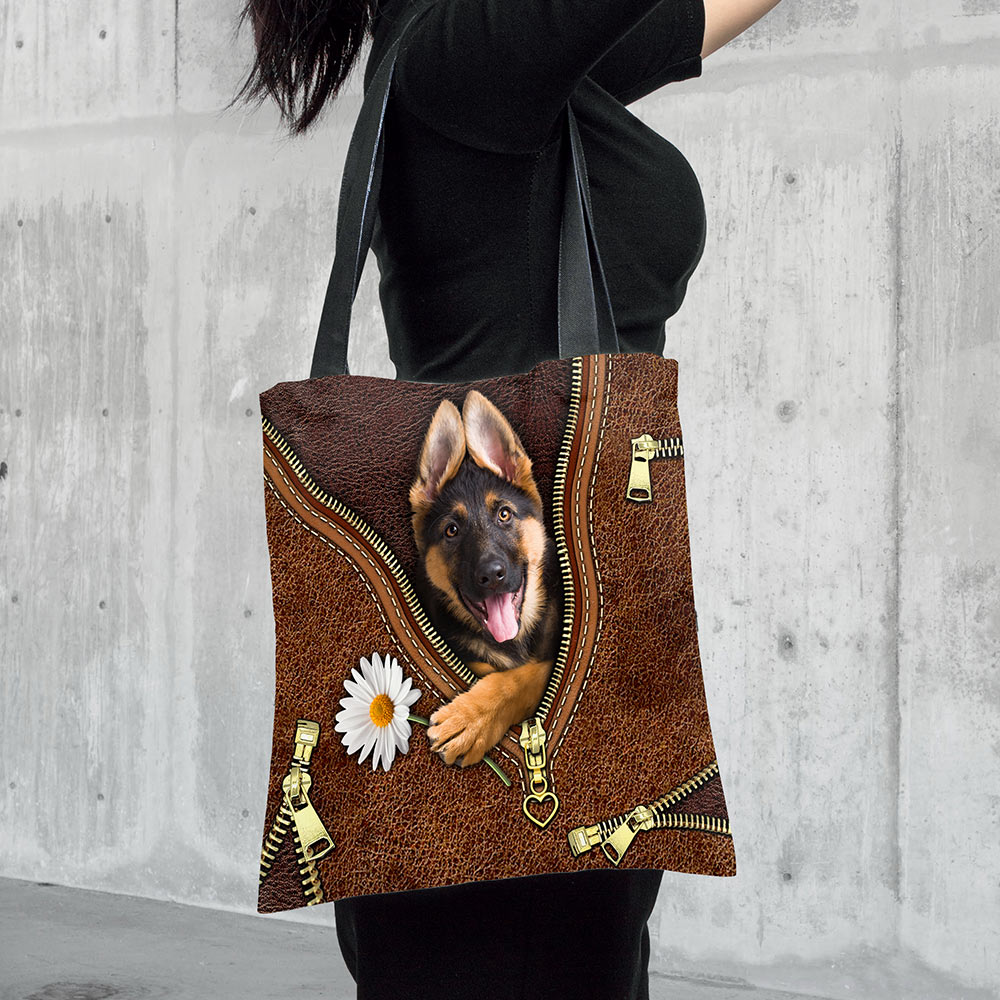 German Shepherd Holding Daisy, Printed Leather Pattern, Tote Bag For Dog Mom, Dog Lovers