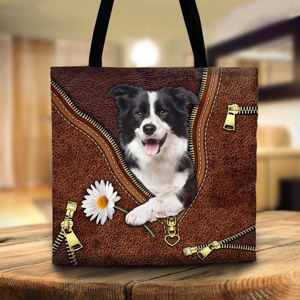 Border Collie Holding Daisy Vr2, Printed Leather Pattern, Tote Bag For Dog Mom, Dog Lovers