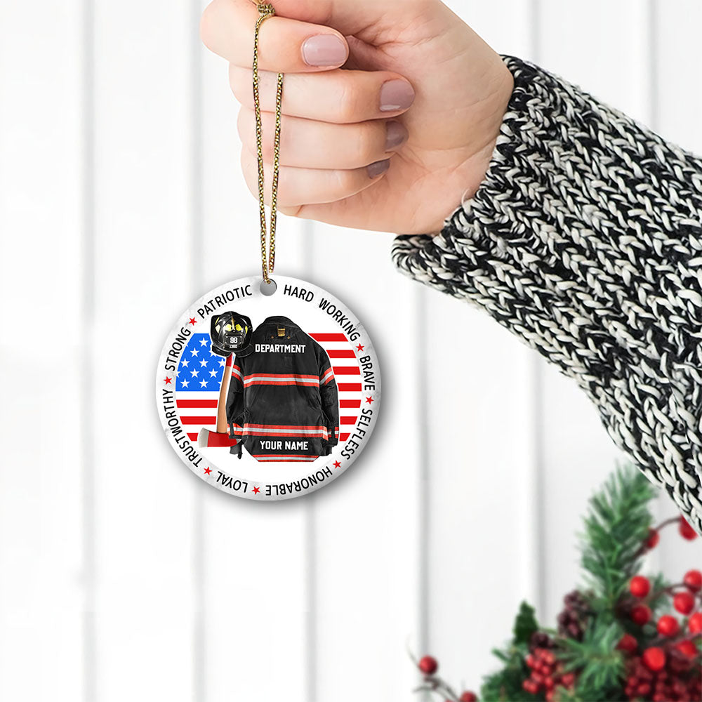 Strong Patriotic Hard Working Brave Selfless Honorable Loyal Trustworthy Inspiring Clothes And Helmet Personalized Circle Ornament