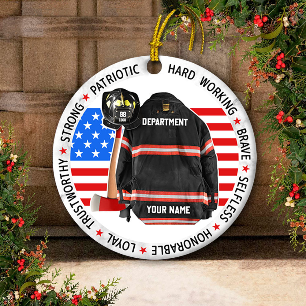 Strong Patriotic Hard Working Brave Selfless Honorable Loyal Trustworthy Inspiring Clothes And Helmet Personalized Circle Ornament