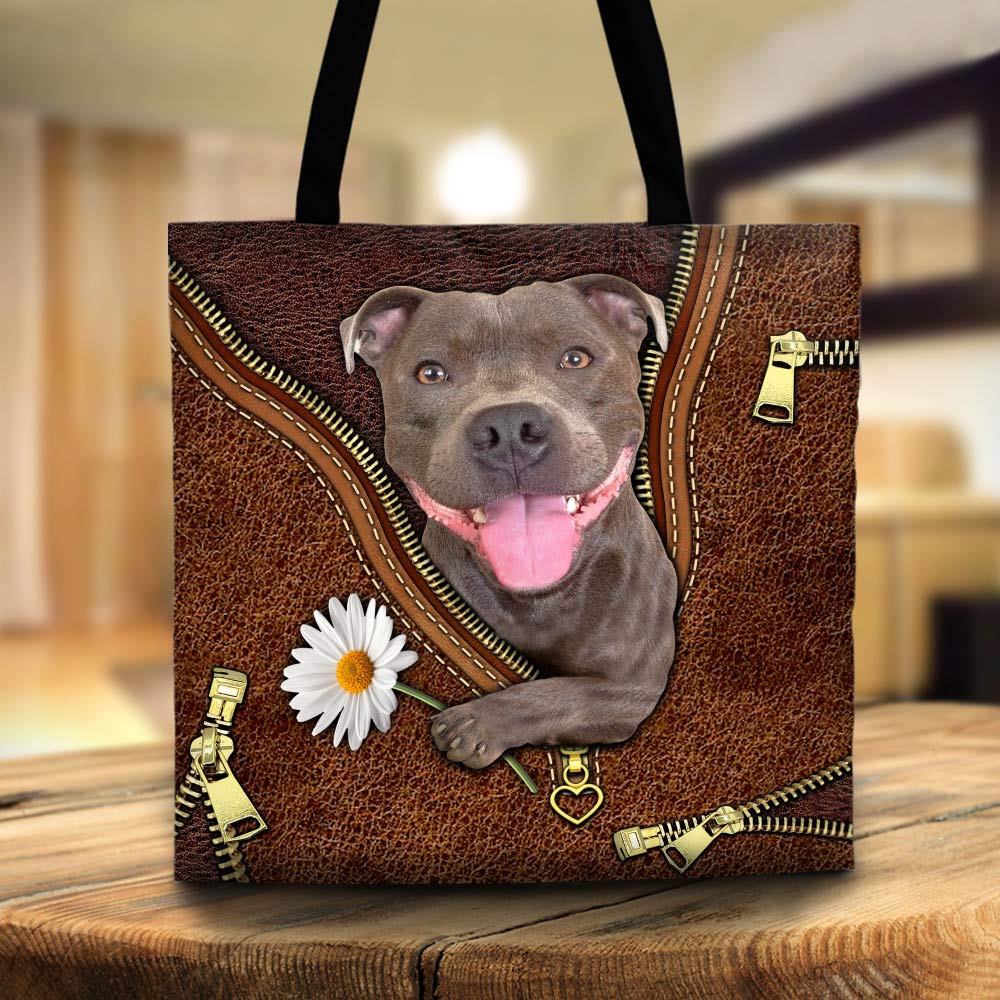 Pitbull Holding Daisy Vr2, Printed Leather Pattern, Tote Bag For Dog Mom, Dog Lovers