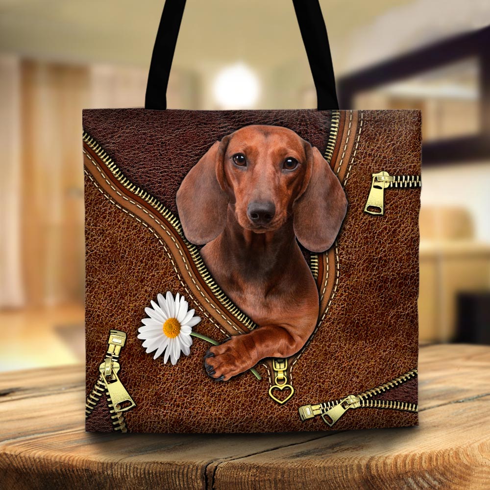 Dachshund Holding Daisy Vr2, Printed Leather Pattern, Tote Bag For Dog Mom, Dog Lovers