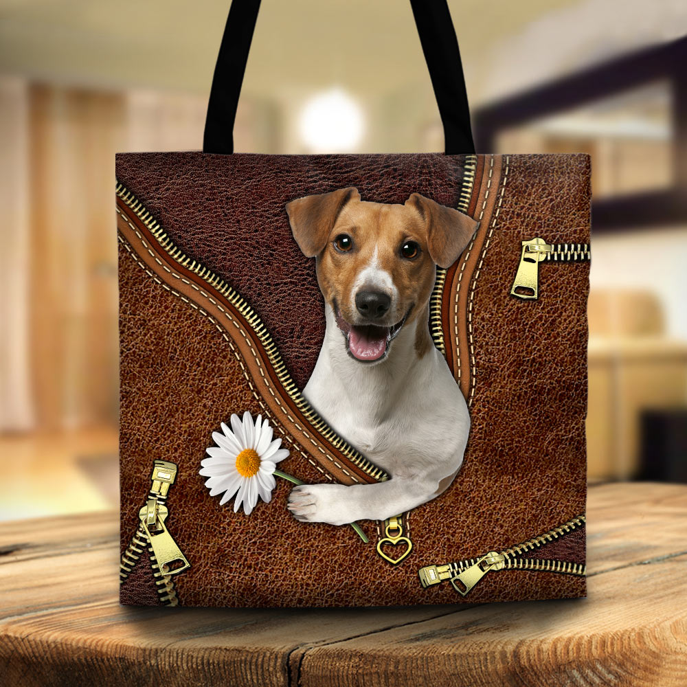 Jack Russell Holding Daisy Vr2, Printed Leather Pattern, Tote Bag For Dog Mom, Dog Lovers