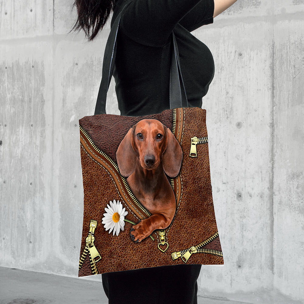 Dachshund Holding Daisy Vr2, Printed Leather Pattern, Tote Bag For Dog Mom, Dog Lovers