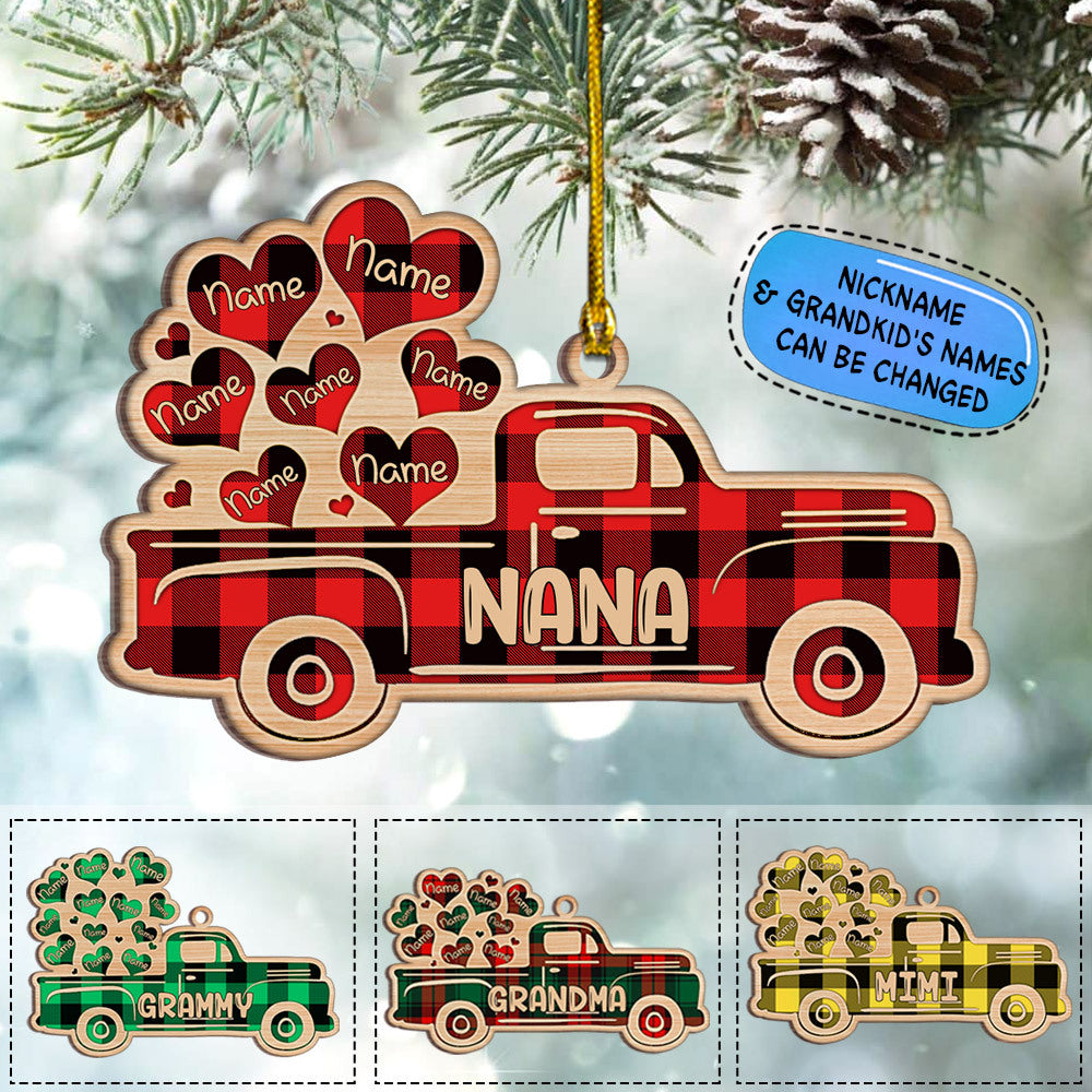 Red Truck With Flying Heart Christmas One Side Wood Ornament For Grandma HN98, Made By Wood And One Side Print