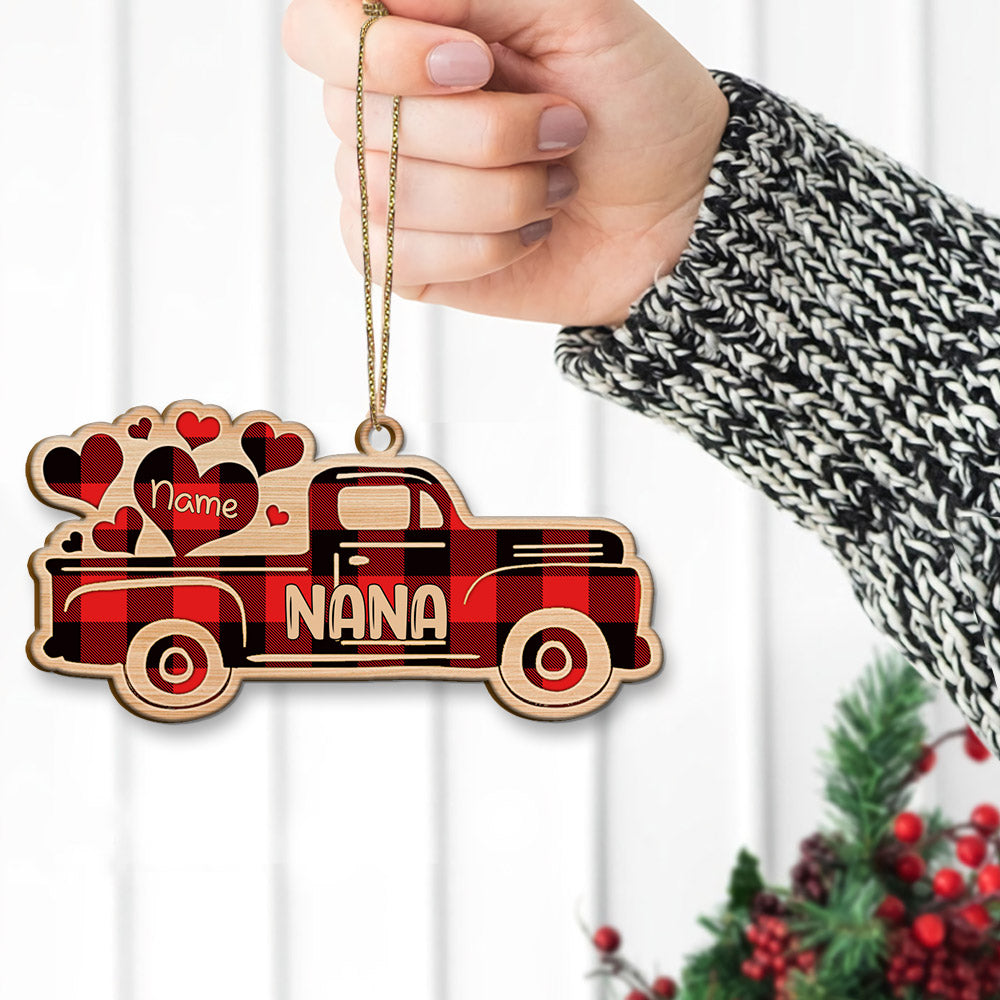 Red Truck With Flying Heart Christmas One Side Wood Ornament For Grandma HN98, Made By Wood And One Side Print