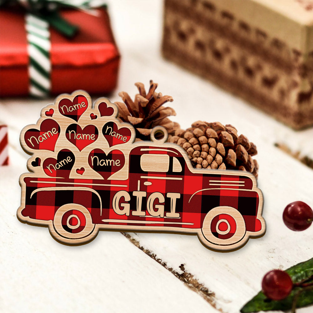 Red Truck With Flying Heart Christmas One Side Wood Ornament For Grandma HN98, Made By Wood And One Side Print