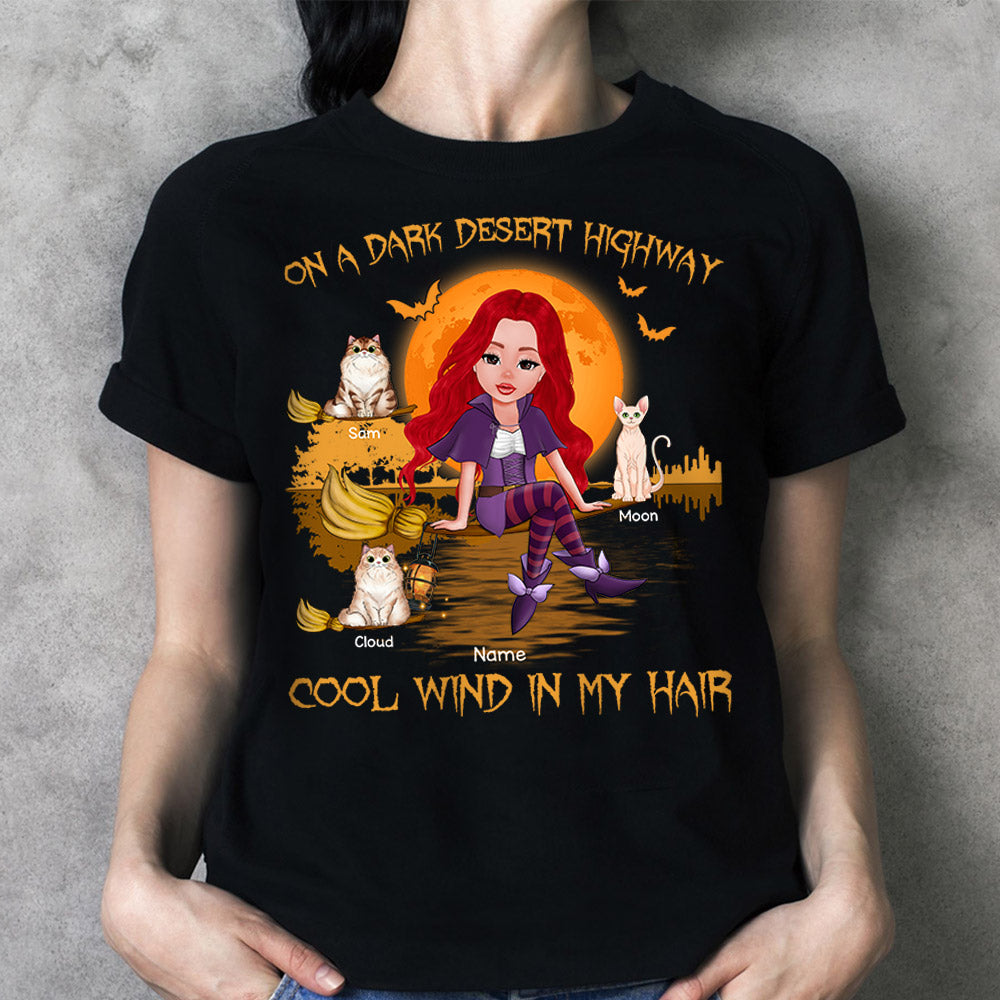 Personalized Halloween Witch Cat Mom Shirts, On A Dark Desert Highway, Cool Wind In My Hair, Cat Lovers