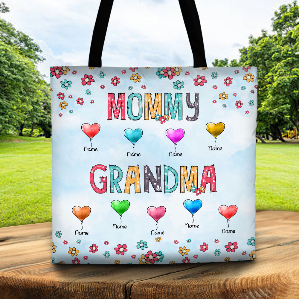First Mom Now Grandma Colorful Balloons Personalized Tote Bag For Grandma