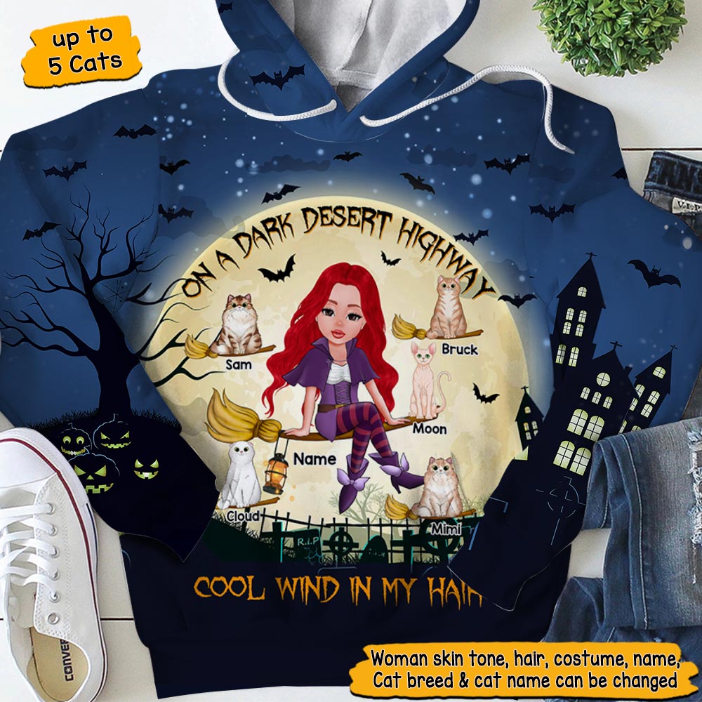 Personalized Halloween Witch Cat Mom Shirts, On A Dark Desert Highway, Cool Wind In My Hair, Cat Lovers, All Over Print