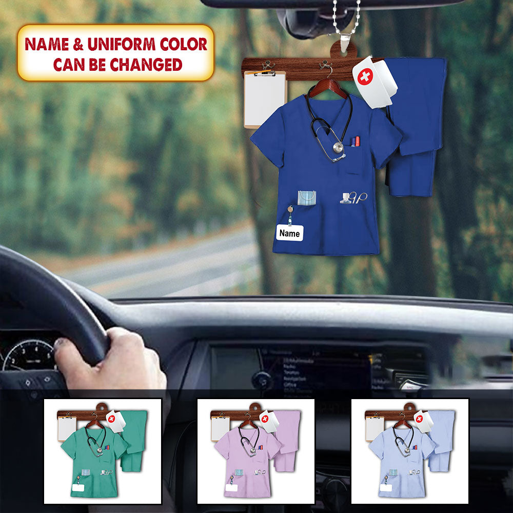 Personalized Flat Acrylic Car Ornament Vr1, Nurse Uniform Car Ornament, Name & Uniform Color Can Be Changed