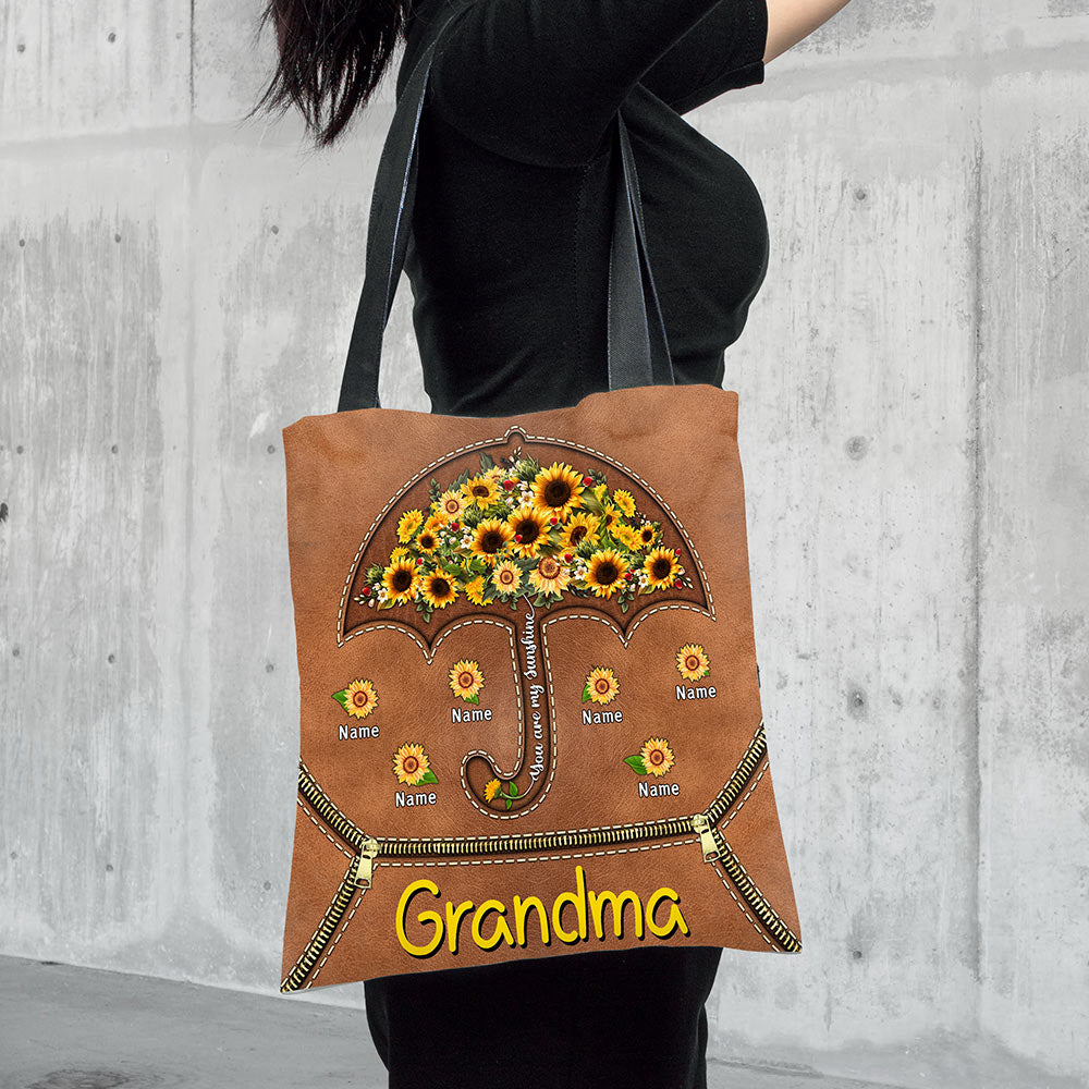 Grandma Sunflower Umbrella, Grandkids Are My Sunshine Personalized Printed Leather Pattern Tote Bag For Grandma