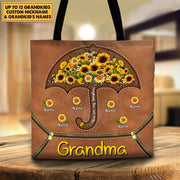 Grandma Sunflower Umbrella, Grandkids Are My Sunshine Personalized Printed Leather Pattern Tote Bag For Grandma