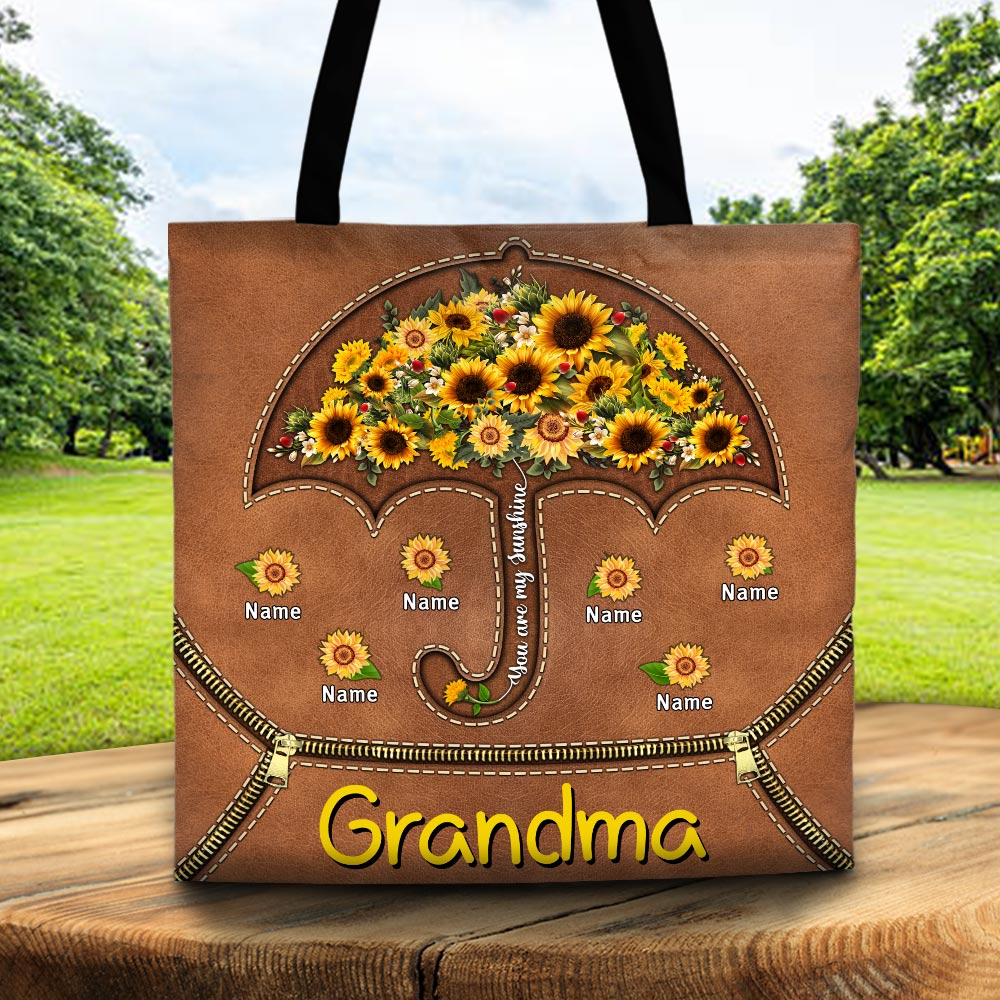 Grandma Sunflower Umbrella, Grandkids Are My Sunshine Personalized Printed Leather Pattern Tote Bag For Grandma