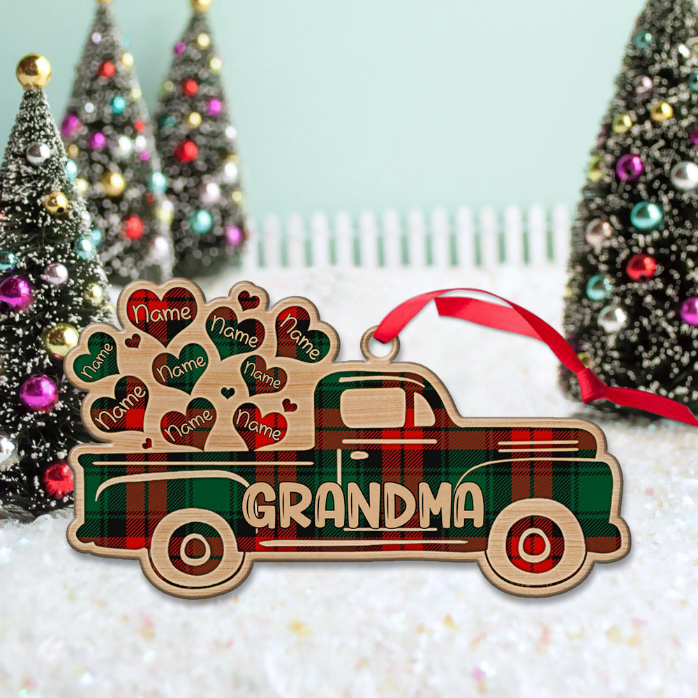 Red Truck With Flying Heart Christmas One Side Wood Ornament For Grandma HN98, Made By Wood And One Side Print