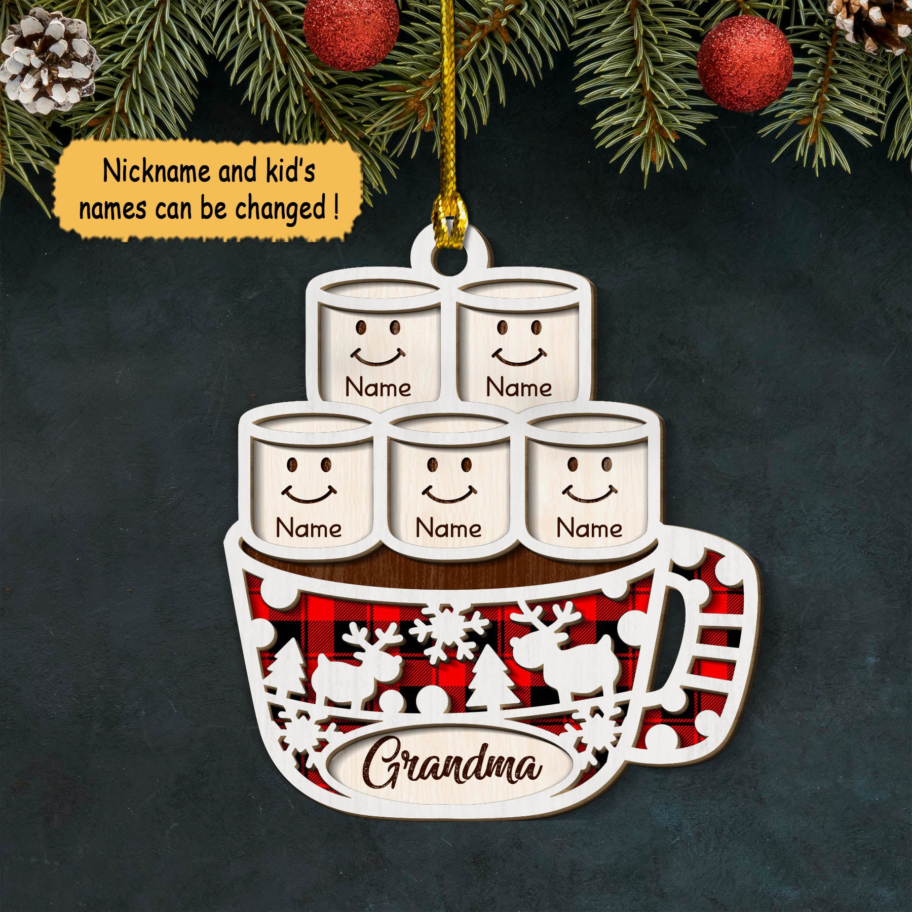 Hot Cocoa Marshmallows Christmas Personalized 2 Layer Wood Ornament For Grandma, HN98