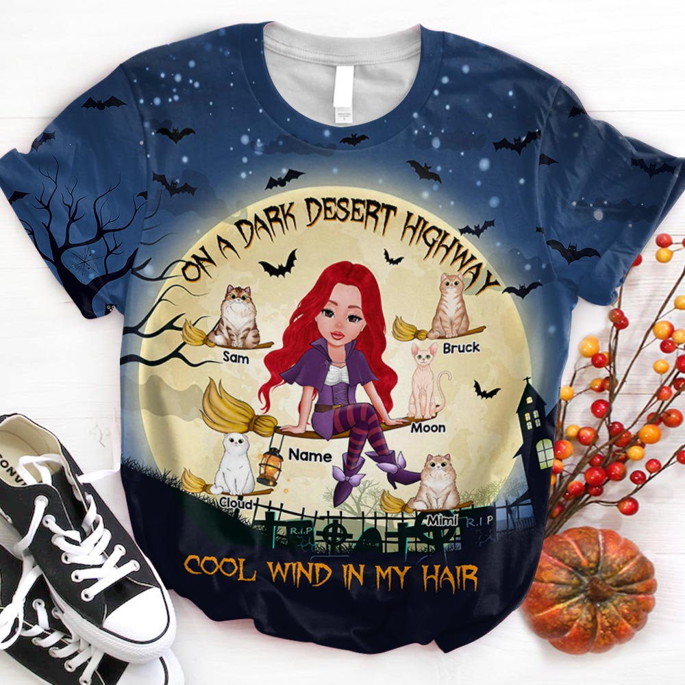 Personalized Halloween Witch Cat Mom Shirts, On A Dark Desert Highway, Cool Wind In My Hair, Cat Lovers, All Over Print