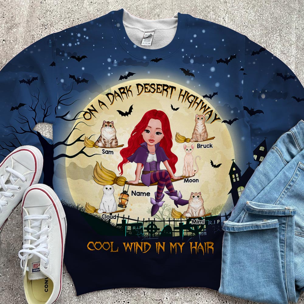 Personalized Halloween Witch Cat Mom Shirts, On A Dark Desert Highway, Cool Wind In My Hair, Cat Lovers, All Over Print