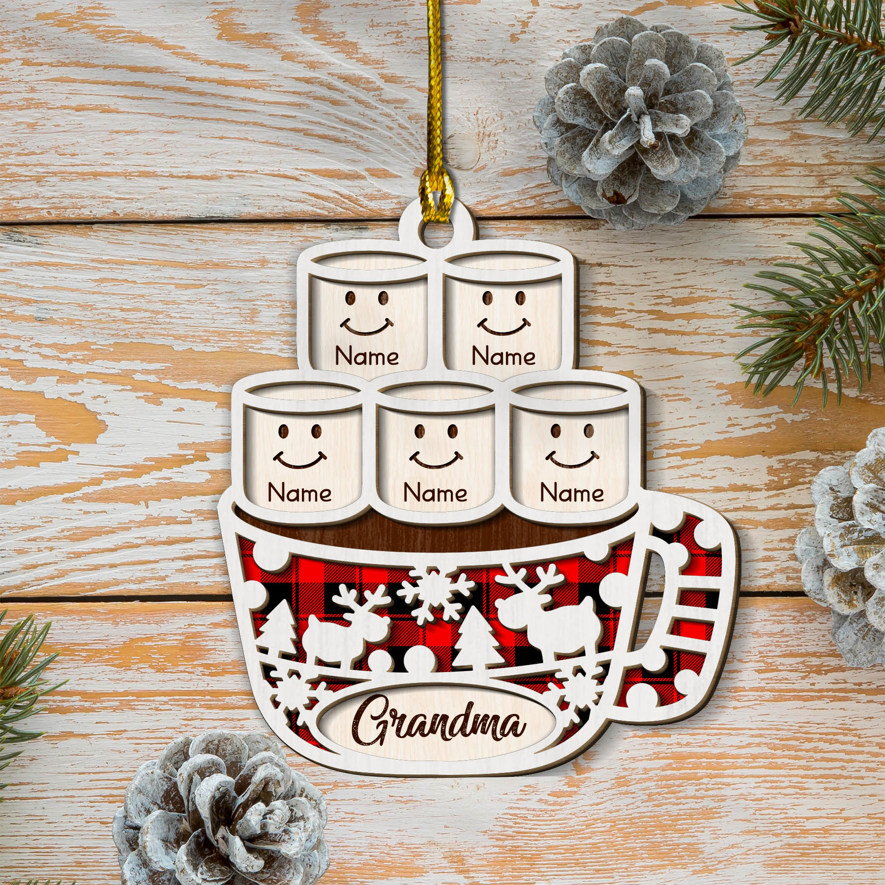 Hot Cocoa Marshmallows Christmas Personalized 2 Layer Wood Ornament For Grandma, HN98