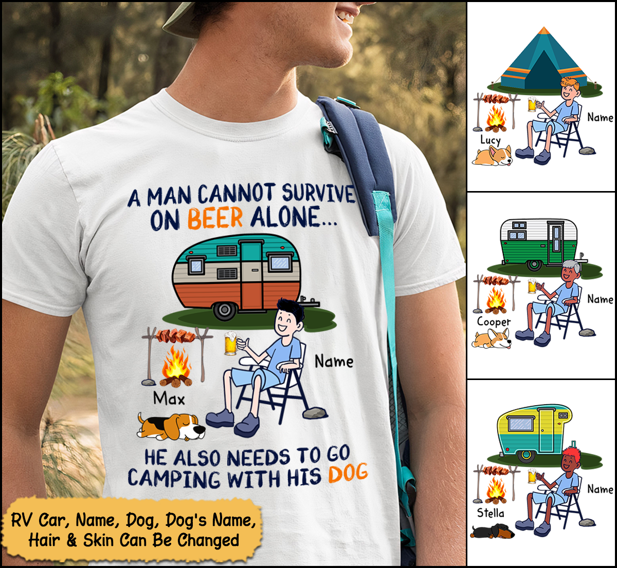 Personalized Man With Dog, A Man Cannot Survive On Beer Alone...He Also Needs To Go Camping With His Dog