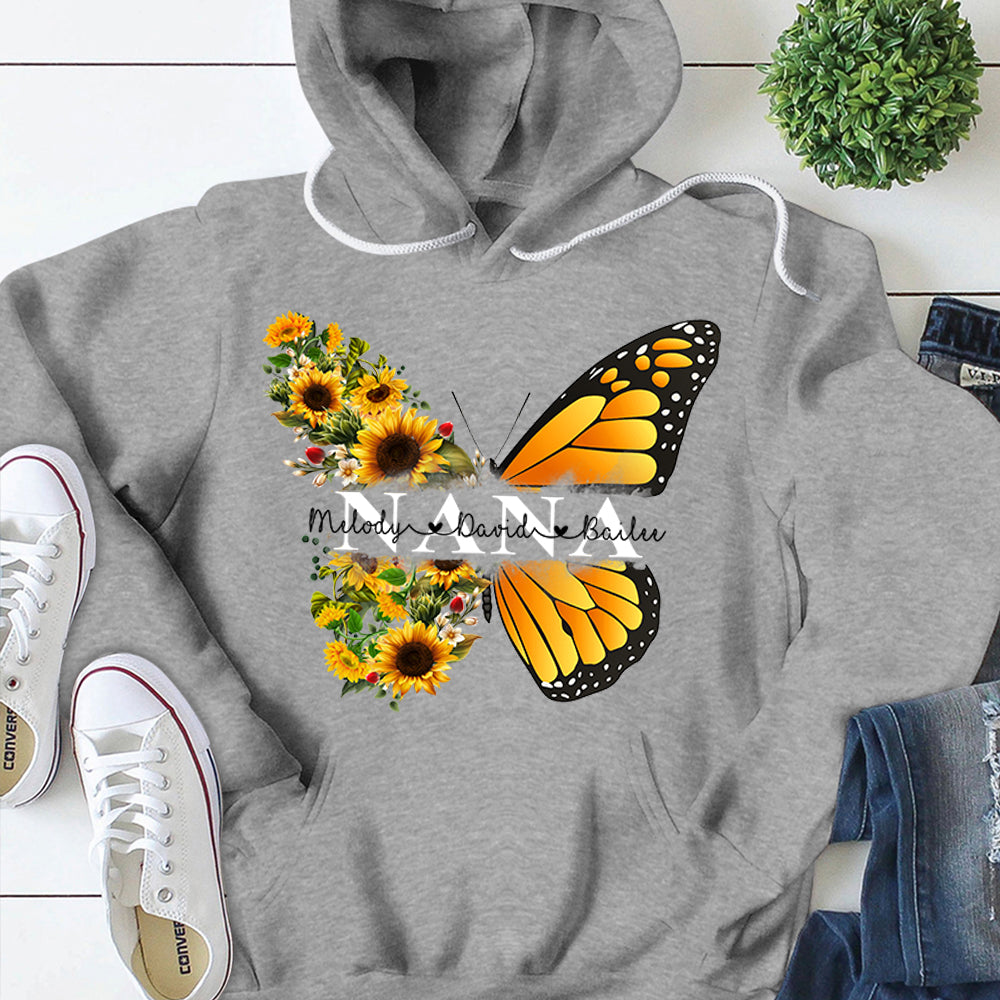 Personalized Nickname & Grandkid's Names Shirt - Butterfly Sunflower Hoodie