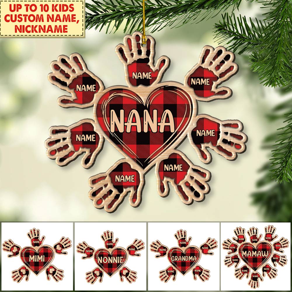 Heart Handprints Flower Christmas Personalized One Side Wood Ornament, HN98, DO99, Made By Wood And One Side Print