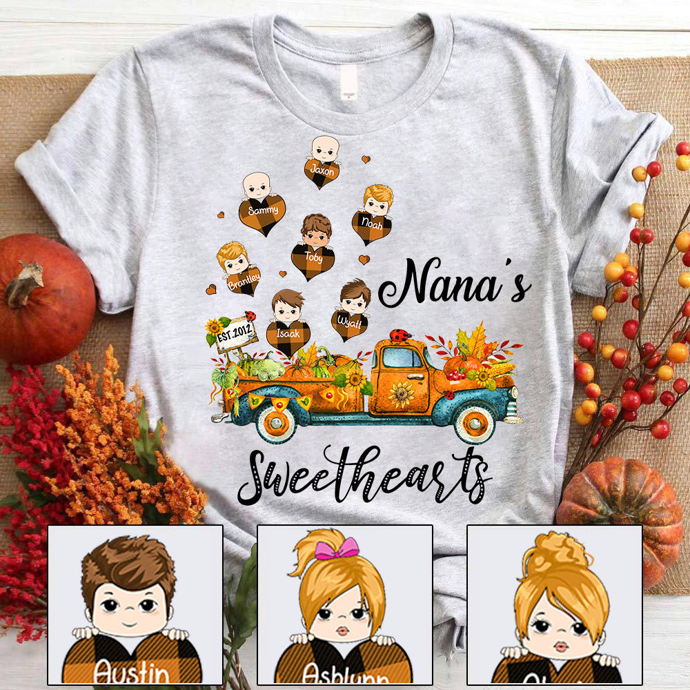 Nana's Sweethearts Autumn Truck And Pumkin Sunflower Personalized Shirt For Grandma
